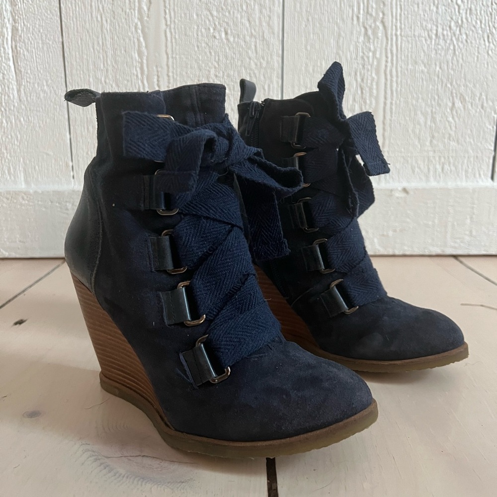 Anthropologie Suede Wedge Lace-up Booties by Lucky Penny in Navy